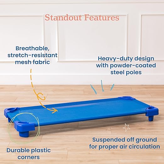 ECR4Kids Stackable Kiddie Cot, Assembled, Standard Size, Classroom Furniture, Blue, 5-Pack