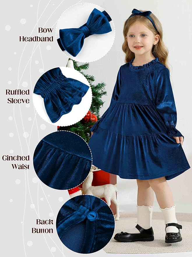 Toddler Baby Girls Velvet Dress Long Sleeve Christmas Dresses Princess Birthday Party Dresses Fall Winter Clothes