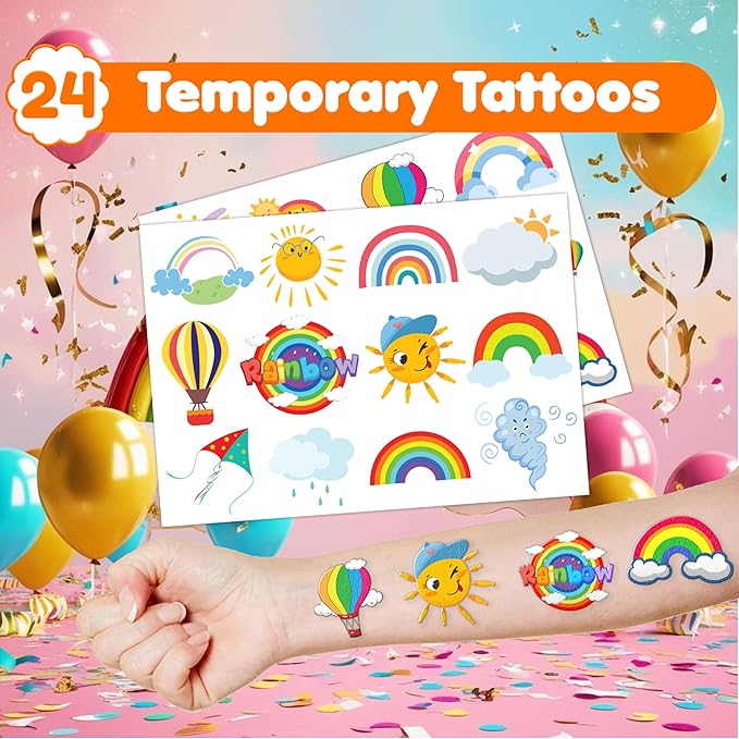 48PCS Rainbow Party Favors - 24PCS Tattoos & 24PCS Slap Bracelets - Unicorn & Rainbow Birthday Supplies, Magical Baby Shower Decorations, Classroom Prizes, Gifts for Girls