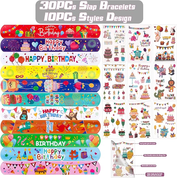 30pcs Happy Birthday Slap Bracelets with 10pcs Tattoo Stickers for Kids Birthday Party Favors Classroom School Favors Prizes Exchanging Favors
