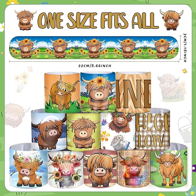 48 PCS Highland Cow Slap Bracelets Highland Cow Party Favors Cartoon Animals Party Wristbands for Kids Boys Girls Cow Baby Shower Party Supplies Birthday Party Carnival Prizes Gifts Classroom Rewards