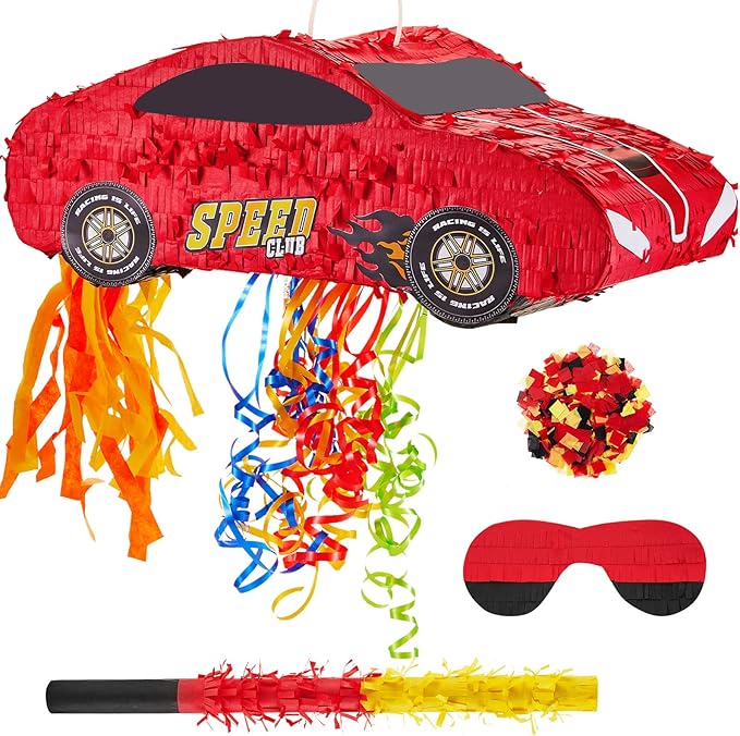 4 Pcs 15.7 Inch Race Car Piñata with Pull Strings, 3D Car Piñata with Blindfold Bat Confetti Double Sided, Race Cars Photo Booth Props for Boy Race Car Theme Birthday Baby Shower Party Supplies