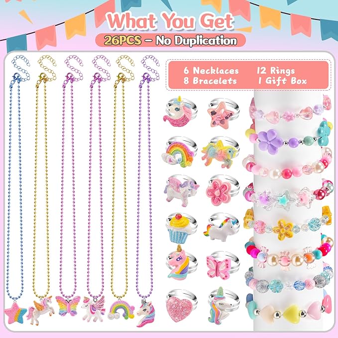 Kids Jewelry for Little Girls Ages 4-6, Unicorn Play Necklace Bracelets Rings for Toddlers Girls 3-5 6-8, Childrens Costume Dress Up Jewelry Set, Princess Gifts for 3 4 5 7 6 8 Year Old Party Favor