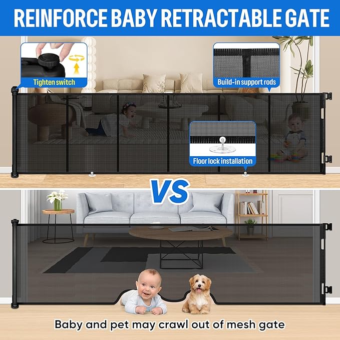 34X100” Extra Wide Safety Retractable Baby Gate, Extra Wide Safety Kids or Pets Gate, 34” Tall, Extends to 100” Extra Wide, Built-in Reinforce Strip Mesh Safety Dog Gate for Stairs (34”X100”, Black)