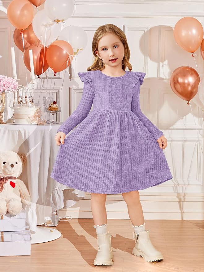 Arshiner Toddler Girl Dress Baby Girls Knitted Ruffle Sleeve Pocket Dresses A-Line Flared Fall Winter Clothes for 2-8 Years