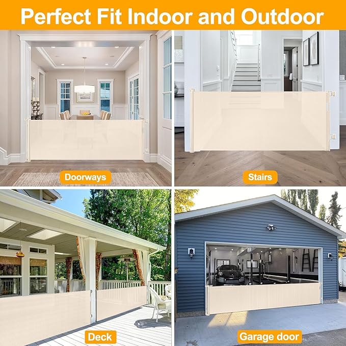 140 Inch Extra Wide Baby Gate Retractable Dog Gates for The House Extra Wide Dog Gates Extra Long Baby Gates Extra Large Dog Gates for Large Openings Outdoor Indoor Retractable Baby Gates (Beige)