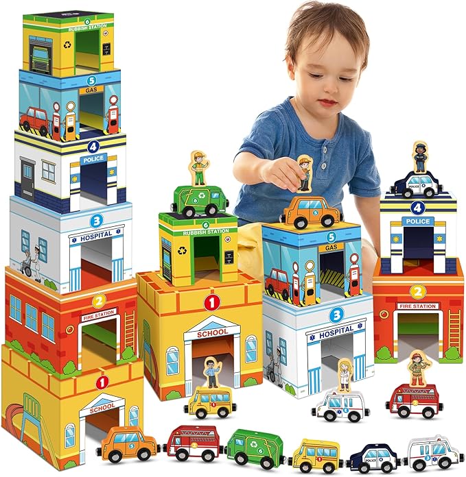 Aizweb Stacking Toys for Toddlers,Sorting Blocks Magnetic Wooden Cars Cardboard Vehicles Educational Preschool Kindergarten Learning Montessori Toys for 1 2 3 Year Old Boys Girls