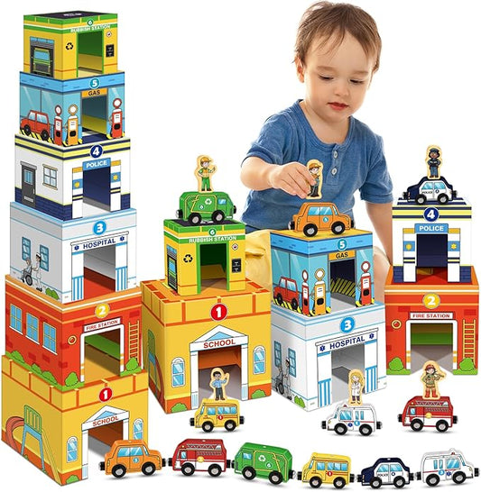 Aizweb Stacking Toys for Toddlers,Sorting Blocks Magnetic Wooden Cars Cardboard Vehicles Educational Preschool Kindergarten Learning Montessori Toys for 1 2 3 Year Old Boys Girls