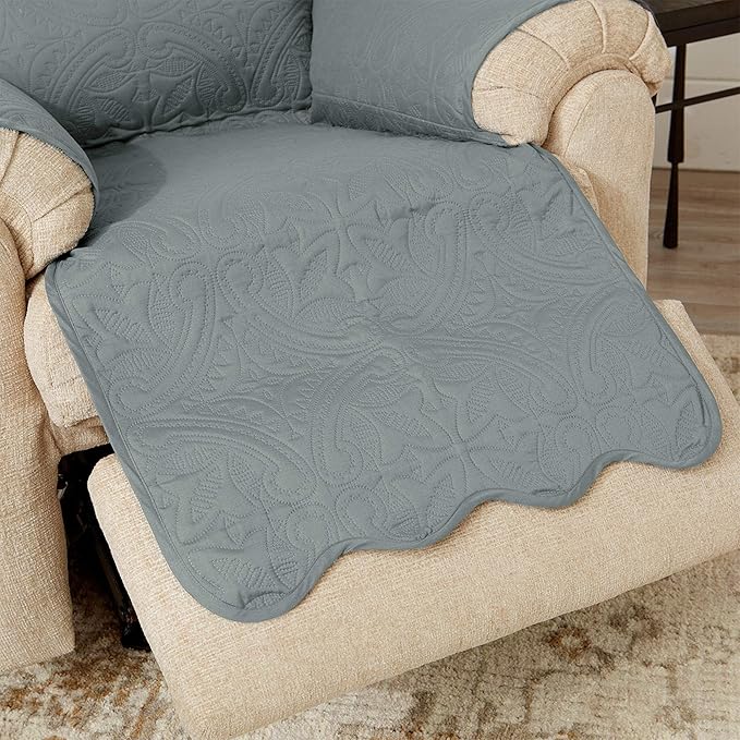Medallion Stitched Solid Furniture Protector Stain Resistant Durable Furniture Protector Elenor Collection (Recliner, Mirage Gray/Flax)