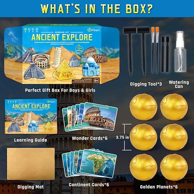 Ancient Wonders Dig Kit, Excavate 6 Famous Landmarks Figurines & 6 Rocks, with History Learning Cards, Wonders of The World Toy Archaeology Set, STEM Party Favor Gifts for Boys & Girls Age 6+