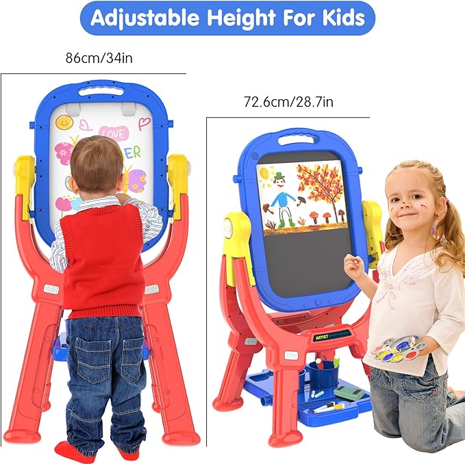 Victostar Easel for Kids, Rotatable Double Sided Adjustable Standing Art Easel with Drawing & Writing Accessories for Kids Boys and Girls (Red Blue)