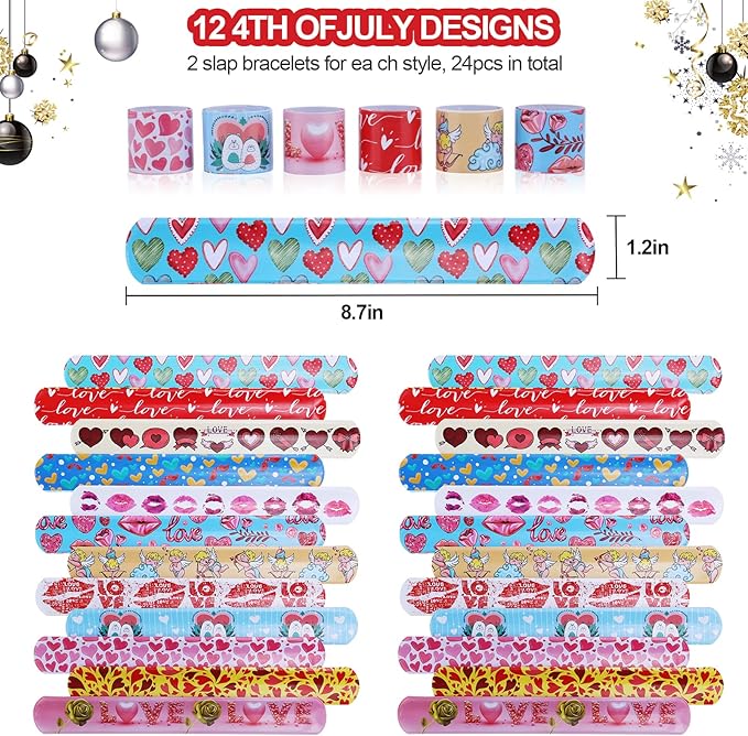 48Pcs Valentines Day Party Favors Slap Bracelets Rubber Wristbands ，School Class Classroom Exchange Prizes Gifts