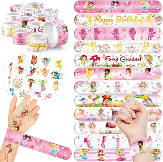 48PCS Fairy Party Favors - 24 Tattoos & 24 Slap Bracelets, Ideal for Fairy-Themed Birthdays, Baby Showers, and Classroom Rewards for Kids