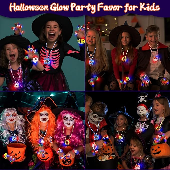 62 Pcs Halloween Party Favors for Kids Rotating Fidget Spin Light up Necklaces LED Bracelets Flash Rings Halloween Toys Glow in The Dark Halloween Party Supplies Gift Halloween Treat Goodie Bag Filler