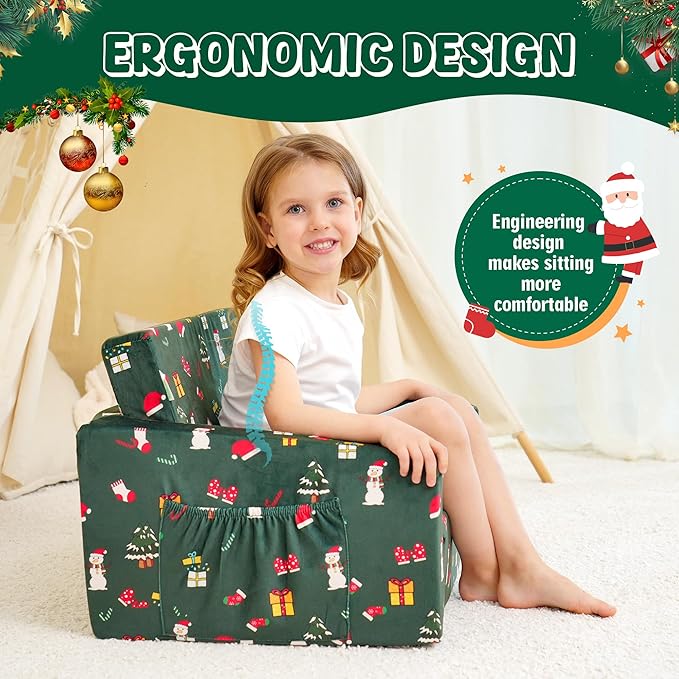 MallBest 2-in-1 Kids Christmas Sofa, Comfy Toddler Couch Bed, Baby's Upholstered Chair Sleepover Kid Couch Flipout Open Recliner for Bedroom