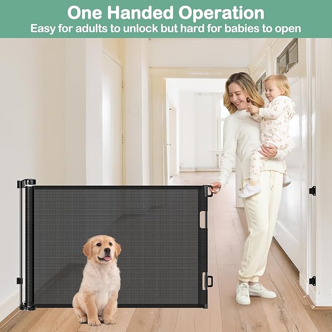80 Inch Retractable Baby Gates for Doorways Retractable Mesh Dog Gate for The House 33” Tall Retractable Gate Outdoor Baby Gate for Decks Indoor Retractable Pet Gate Mesh Child Safety Gate for Stairs