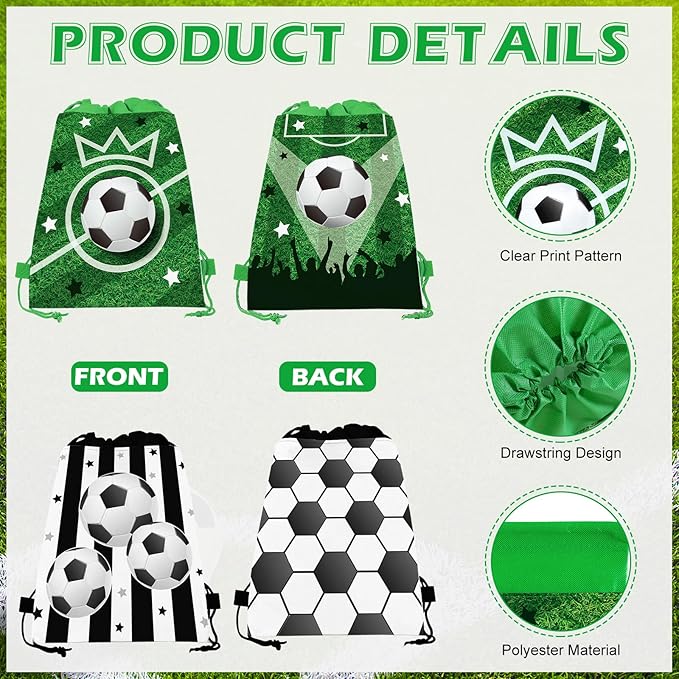 132Pcs Soccer Party Favors,12Pcs Soccer Drawstring Bags,12Pcs 2.4 Inch Mini Soccer with Soccer Keychains Stickers Bracelet Whistle Slap Bracelets Tattoo Stickers for Soccer Party Decorations Supplies
