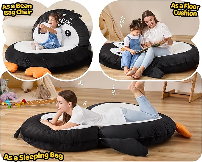 Bean Bag Chairs Bean Bag Floor Cushion Sleeping Mat Bean Bag Chair Adults Beanbag Lounger with Cute Penguin Design for Living Room Bedroom or Playroom (Large,Black)