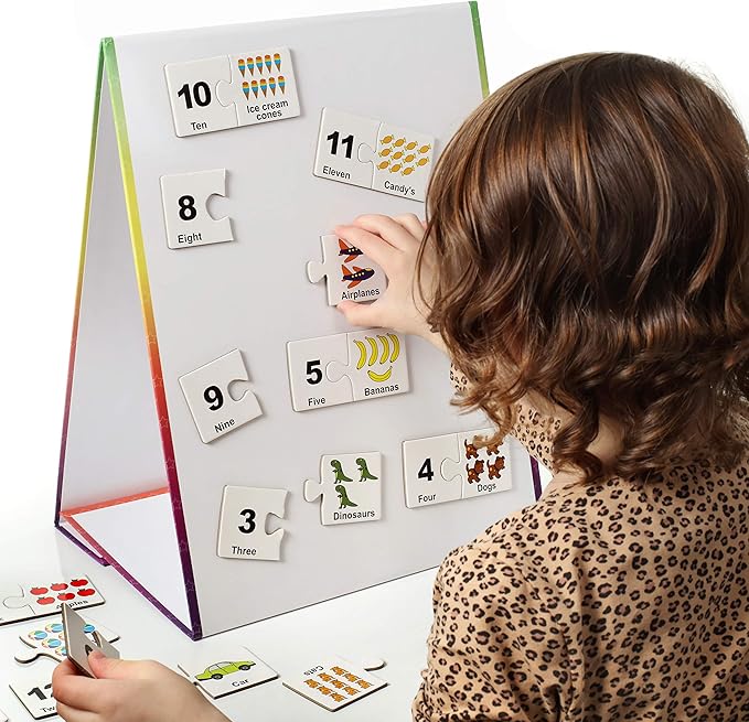 Kids Self-Standing Double-Sided Tabletop Magnetic Easel Dry Erase White Board. Includes 8 Dry Erase Markers + Educational Magnetic Numbers Puzzle (Easel + Puzzle)