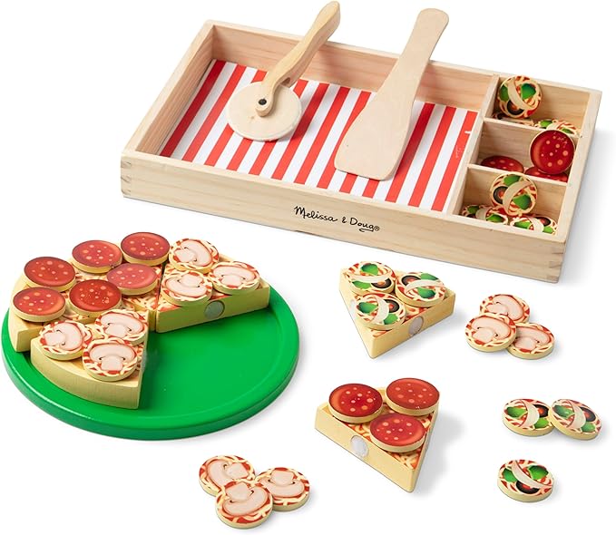 Melissa & Doug Pizza Party Wooden Pretend Play Food Set With 36 Toppings, Preschool Toy Pretend Food, Play Wooden Pizza And Cutter, Toy For Kids Ages 3+