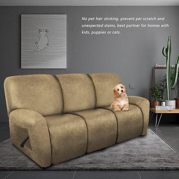 molasofa Recliner Sofa Covers - 8 Pieces Stretch Leather Like Large Couch Covers for 3 Seats Reclining Slipcovers Soft Jacquard Pattern Furniture Protector with Elastic Bottom (Mustard)