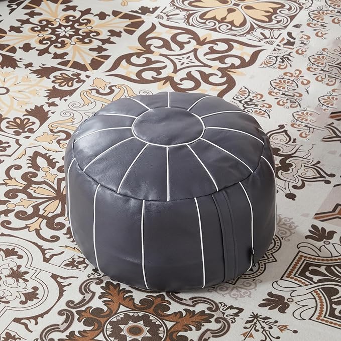 Louis Donné 21 Inch Unstuffed Moroccan Pouf Ottoman Cover, Handmade Faux Leather Foot Stool, Round Storage Poof Cover, Exotic Décor for Living Room Bedroom or Wedding Gifts (Light Gray)