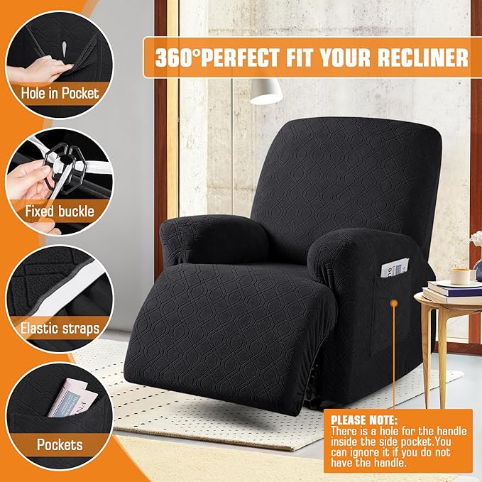 VANSOFY Oversized Recliner Chair Cover, 4-Pieces Stretch Recliner Covers for Recliner Chair Soft Reclining Chair Slipcover Jacquard Pattern Furniture Protector for Dogs Cats(Black)