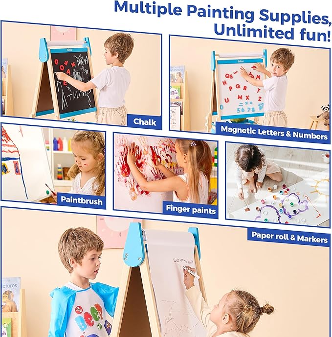 All-in-One Art Easel for Kids with 2 Paper Rolls & Deluxe Accessories, Adjustable Magnetic Double Sided Whiteboard & Chalkboard, Painting Kid Easel for Toddlers 2-8, Ideal Christmas Gift