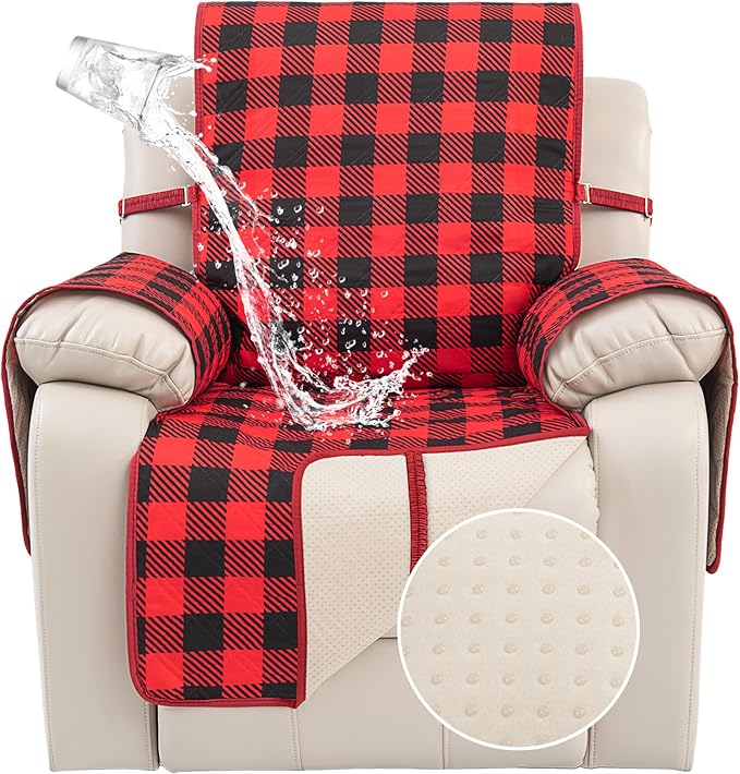 TOMORO Non-Slip Quilted Recliner Cover, 100% Waterproof Recliner Chair Slipcover Furniture Protector with Pockets, Washable Couch Cover with Elastic Straps for Kids and Pets，23 Inch