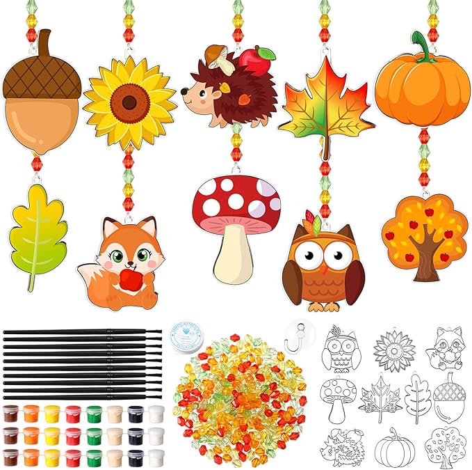 30 Set Thanksgiving Window Art Suncatchers Kits Autumn Pumpkin Maple Leaves DIY Suncatchers Craft Kits Make Your Own Suncatcher Paint Suncatchers Ornaments for Kids Thanksgiving Art Craft