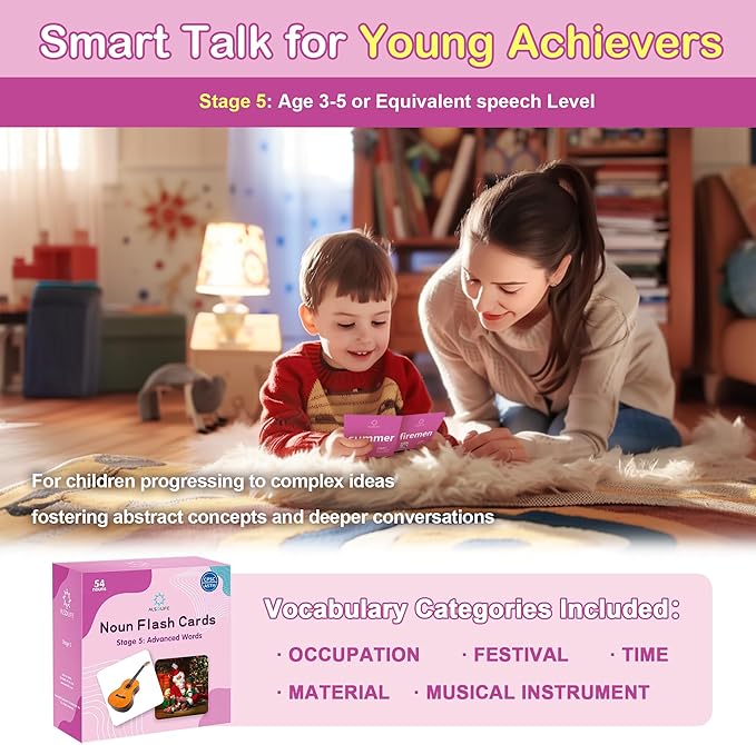 54 Noun Flashcards, Preschool Advanced Vocabulary Flash Cards for Toddlers 4-6, Jobs Time Season, Advanced Level Speech Therapy Materials for Special Education, Preschool Learning