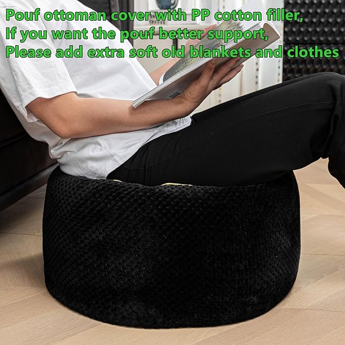Round Stuffed Pouf Ottoman 20x20x12 Inches Faux Fur Ottoman Foot Rest Under Desk Foot Stool Great for Living Room Bedroom Small Furniture (Black)