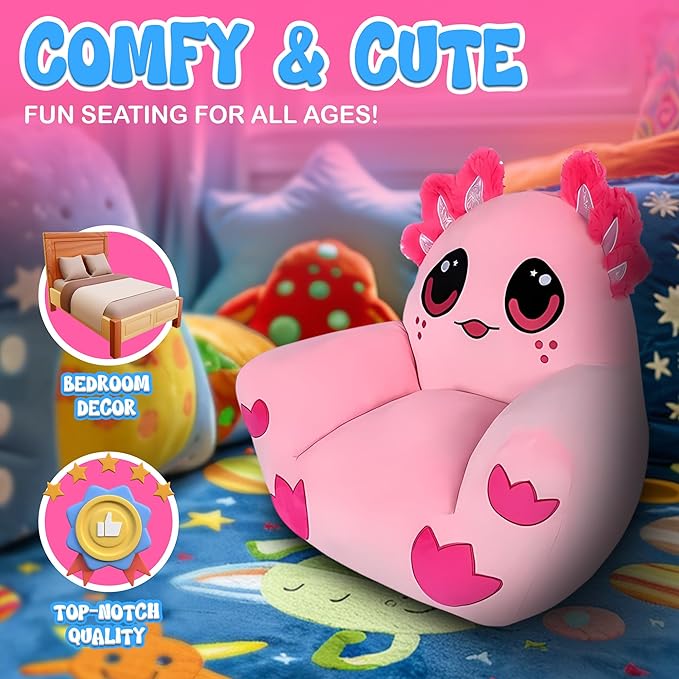 Forest & Twelfth Kid’s Axolotl Chair, 20 Inch Cozy Stuffed Animal Seat, Adorable Pink Squishy Sofa for Children, Soft & Comfy Kawaii Plush for Playroom & Bedroom, Durable, Toddler Gift, Room Decor