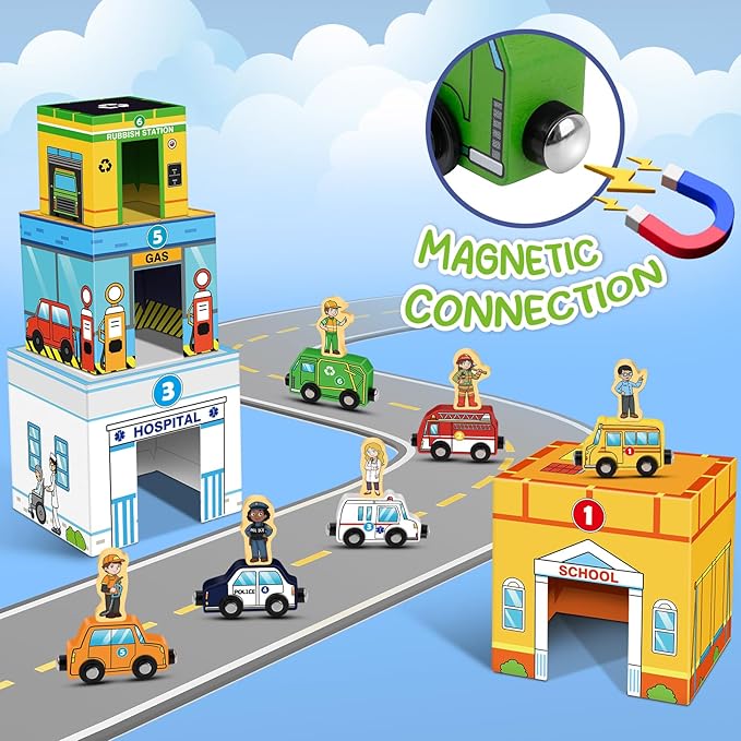 Aizweb Stacking Toys for Toddlers,Sorting Blocks Magnetic Wooden Cars Cardboard Vehicles Educational Preschool Kindergarten Learning Montessori Toys for 1 2 3 Year Old Boys Girls