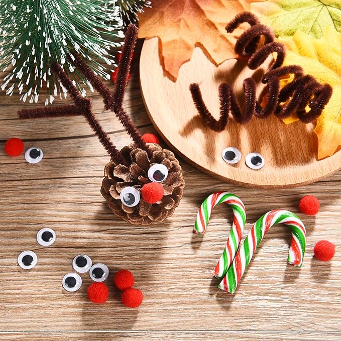 150 Pieces Brown Pipe Cleaners Chenille Stems, 150 Red Pom Poms Assorted Size Craft Pompoms and 300 Wiggle Googly Eyes with Self-Adhesive Back for Christmas Reindeer Crafts DIY Making
