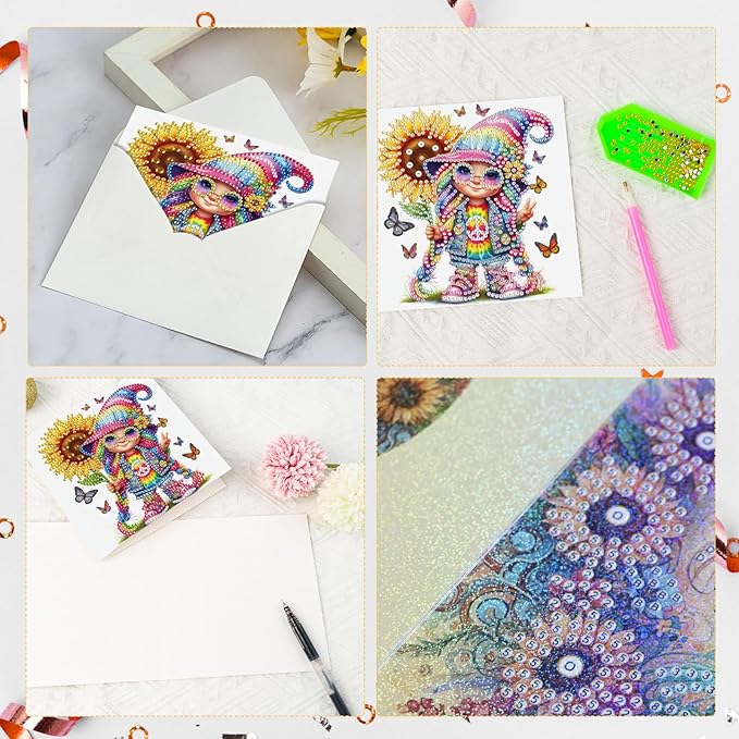 6 Pcs 5D Diamond Painting Greeting Cards Kits, Handmade Festival Greeting Cards with Envelopes DIY Diamond Art Crafts Birthday Cards Holographic Shimmer Design for Birthdays Holidays (Sunflower Happy)