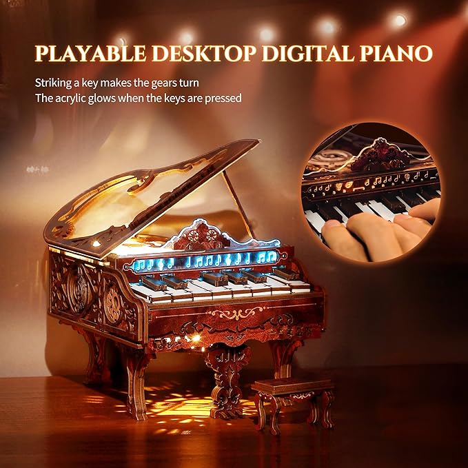 3D Wood Puzzle Piano Kit, Playable Wooden Keyboard Model with LED Lights, Interactive Craft Kit & Digital Piano Puzzle for Adults and Kids（with LED