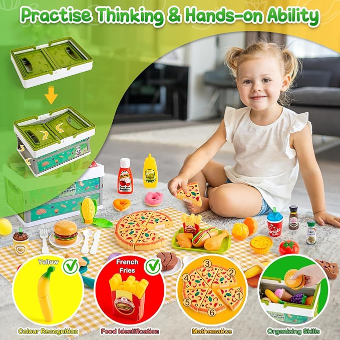 78Pc Pretend Play Food for Kids Kitchen, Cutting Toy Food with Storage Basket, Play Kitchen Accessories, Food Toys with Veggies, Fruits, Fake Food with Pizza Toy, Pretend Food, Boys Girls Gift