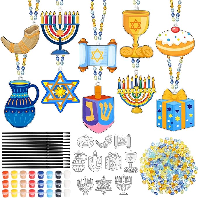 30 Set Hanukkah Craft Kit Chanukah Suncatchers Kits Window Art Menorah Dreidel DIY Make Your Own Paint Suncatcher Ornaments for Jewish Hanukkah Art Craft Activity