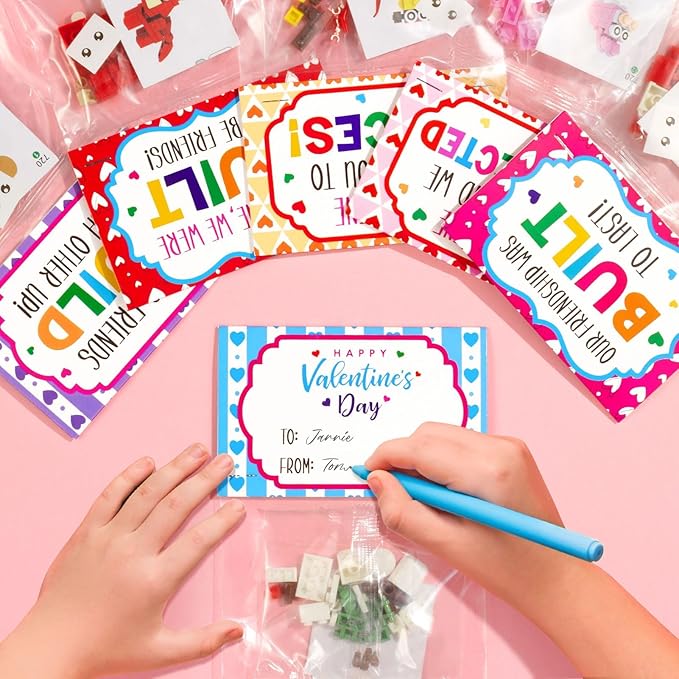 24 Pack Valentines Day Gifts for Kids 8-12, Animal Building Blocks Kit with Gift Cards for Kids School Classroom, Valentines Party Favors Exchange for Boy Girl, Kid Basket Stuffers Fillers Toy