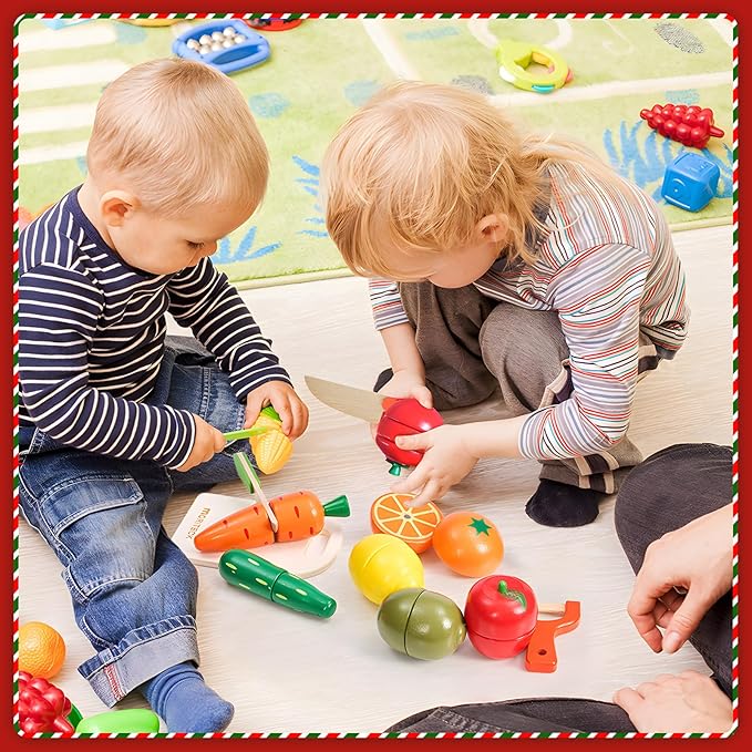 Wooden Play Food Sets for Kids Kitchen Accessories, Realistic Wood Cutting Fruits Toys for 3- Year Old Toddlers, Mini Pretend Play Fake Fruit Birthday Gifts for 3 -6 Years Girls Boys