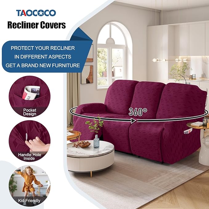 TAOCOCO Recliner Sofa Covers Stretch Reclining Couch Cover, Jacquard Recliner Couch Cover for 3 Seat Furniture Protector Sofa Slipcovers with Elastic Bottom for Kids, Pets (Burgundy)