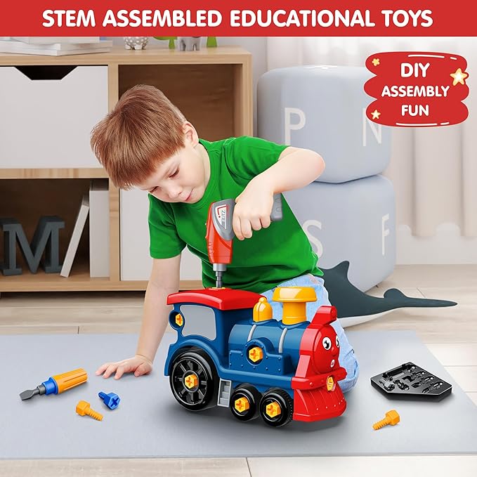 Toddler Take Apart Toy Set with Electric Drill, DIY Electric Train Assembly, STEM Building Learning Toys, Xmas Gifts for 3-8 Year Old Boys & Girls