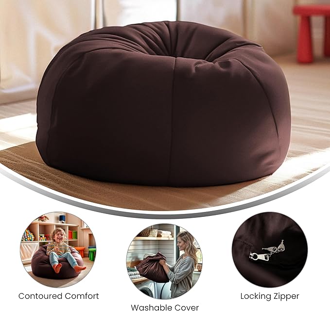 Flash Furniture Dillon Small Bean Bag Chair for Kids and Teens, Foam-Filled Beanbag Chair with Machine Washable Cover, Brown