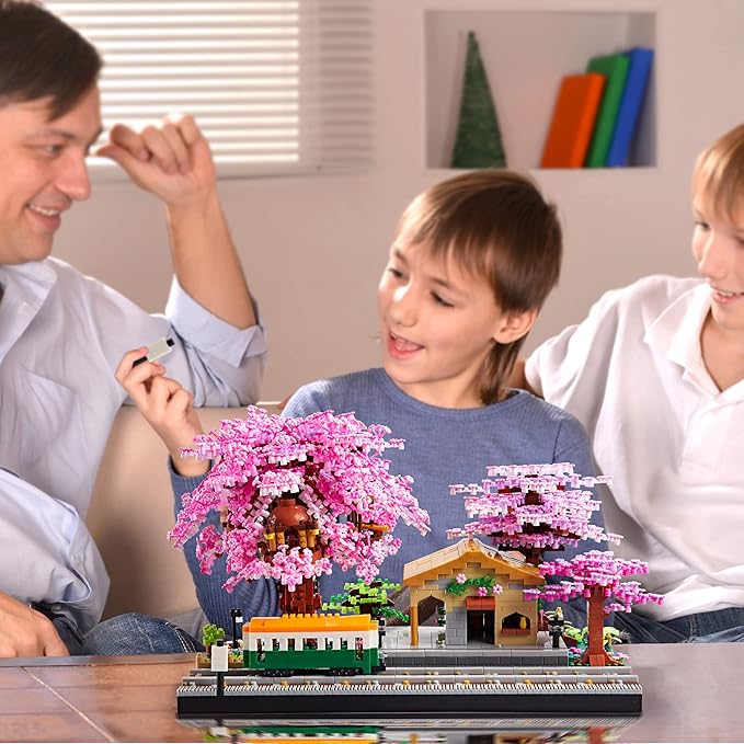 Architecture, Japanese Sakura Tree Class Train Station Cherry Blossom Tree Building Block Model Kit 3668 PCS for Adults and Kids, Classical Building Micro Blocks Set,Mini DIY Assembly Toy