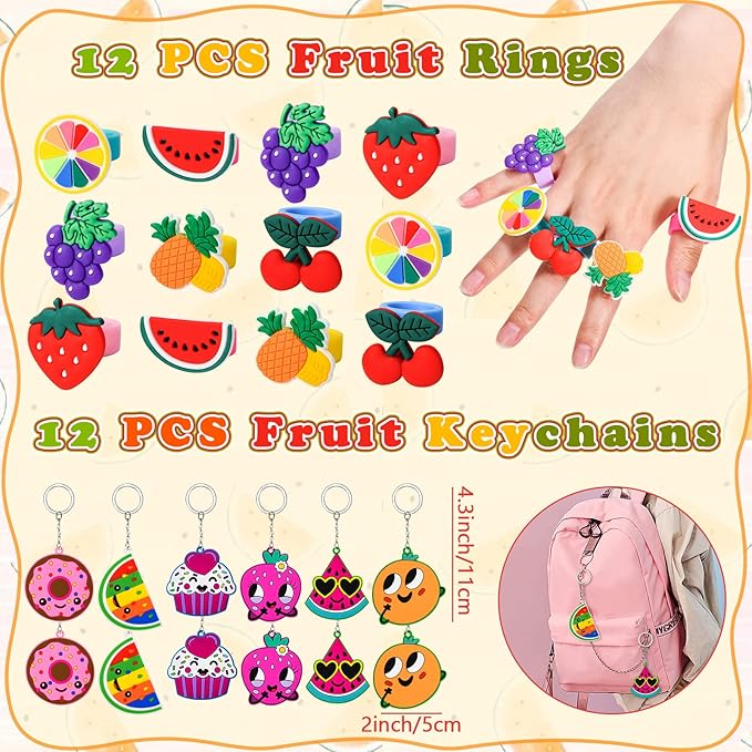 84Pcs Fruits Party Favors for Kids Squeeze Bouncy Ball Ring Keychain Slap Bracelet Tattoo Mini Toy Gift Summer Girl Boy Goodie Bag Stuffer Filler Watermelon Apple Strawberry Birthday Party Supplies
