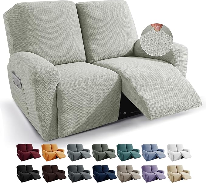 JIVINER 6-Piece Loveseat Recliner Slipcover Stretch Jacquard Recliner Sofa Cover 2 Seater Washable Reclining Couch Cover with Pocket Fitted Furniture Protector Cover (Loveseat Recliner, Ivory)