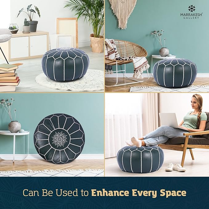 Marrakesh Gallery Genuine Leather Round Pouf Unstuffed - Moroccan Ottoman Footstool, Footrest Cover - Boho Decor - Bohemian Living Room, Bedroom, Kids Room, Gift & Wedding