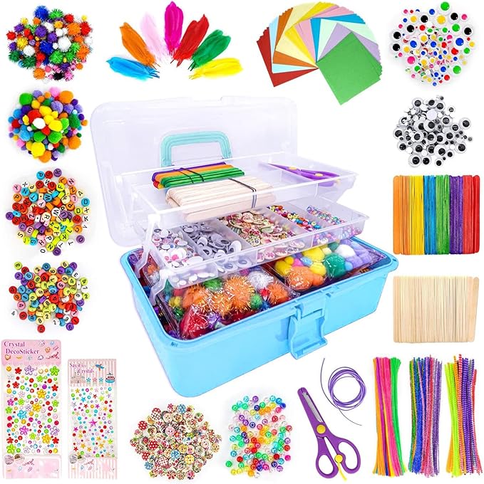 1405 Pcs Art and Craft Supplies for Kids, Toddler DIY Craft Art Supply Set Included Pipe Cleaners, Pom Poms, Feather, Folding Storage Box - All in One for Craft DIY Art Supplies, Light Blue