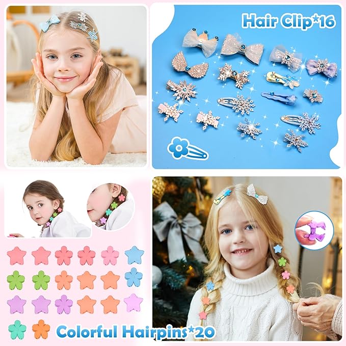 Kids Jewelry Toys for Girls, Toddler Dress Up Toy, Pretend Play Jewelry Set, Princess Jewelry with Snowflake Hair Clips & Hair Ties, for Girls Age 3 4 5 6 7 8 9 10